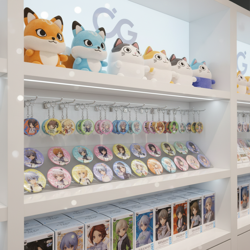 A collection of meticulously arranged character goods displayed on glossy white retail shelving in a modern showroom. The scene includes plush mascots with soft, velvety textures, acrylic keychains that catch the light, colorful tin badges, and neatly boxed figurines with vibrant illustrated packaging. Soft studio lighting from above and slightly to the side creates gentle reflections on plastic and metal surfaces, while keeping fabric textures rich and detailed. The background is clean and slightly blurred, emphasizing the products in sharp photographic realism. Shot at eye level with a slight diagonal perspective for depth, the composition feels organized and professional, evoking the atmosphere of a well-curated wholesale and retail catalog for a character goods company.