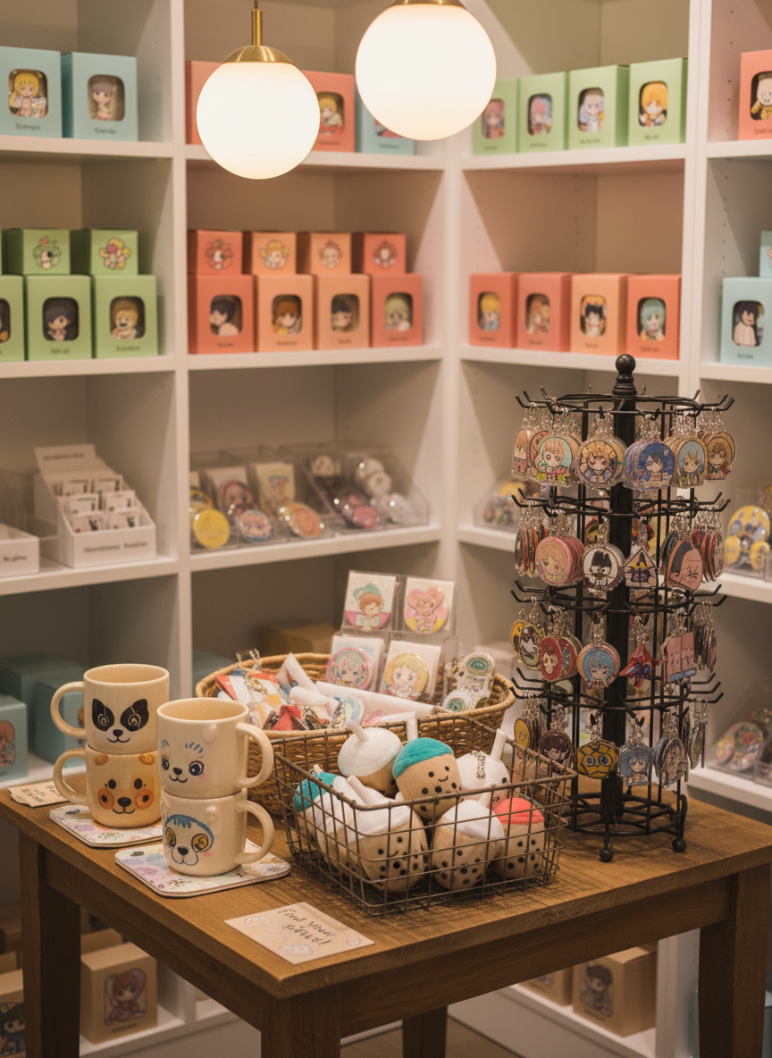 A cozy, consumer-facing character goods corner display in a compact shop, featuring a central wooden table layered with neatly stacked character-themed mugs, small plushes in wire baskets, and organized rows of keychains on a rotating stand. Behind the table, simple white shelves hold color-coordinated boxes and clear containers of badges. Warm, soft pendant lighting from above adds a welcoming glow, with subtle reflections on ceramic and acrylic surfaces. Photographed from a slightly elevated three-quarter angle, the composition uses the rule of thirds to lead the eye from the foreground items to the softly blurred shelves. The mood is friendly, accessible, and cheerful, showcasing how wholesale products become attractive retail displays in realistic, detail-rich photography.