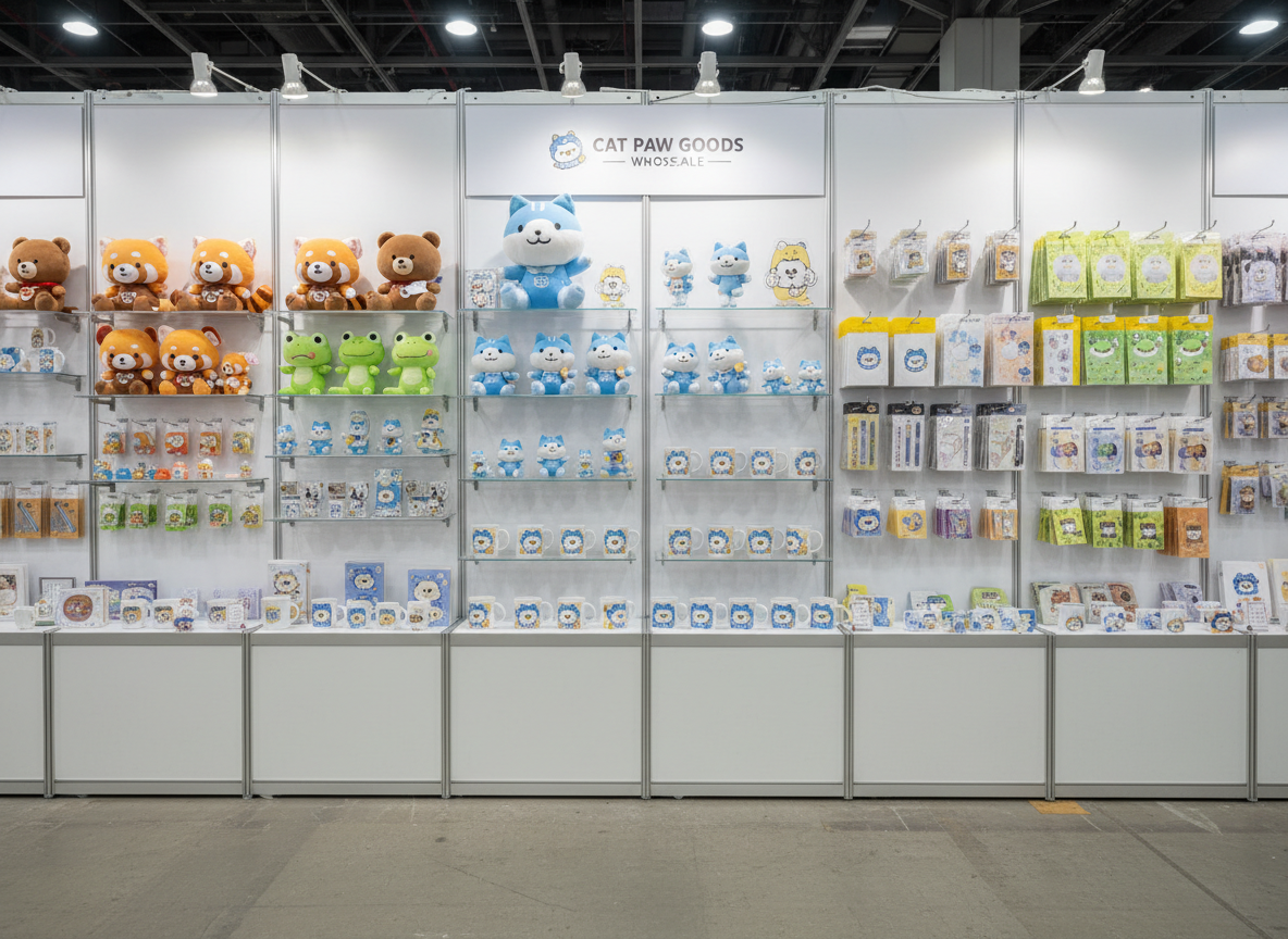 A trade-show style display wall for character goods wholesale buyers, consisting of modular white panels filled with coordinated product series. One section shows a full lineup of a single character: plushies in multiple sizes, acrylic stands, mugs, and stationery, all sharing consistent color palettes and logo placement. Clear acrylic shelves and hooks keep the layout orderly. Bright, even exhibition lighting illuminates every product without strong shadows, emphasizing clarity and detail. The scene is captured from a straight-on, wide-angle perspective, with linear composition that highlights breadth and assortment. The mood is businesslike yet colorful and fun, reflecting a professional wholesaler that caters to both large retail chains and specialty shops in realistic, catalog-ready photography.