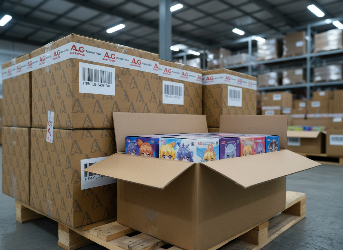 A close-up, photographic shot of customized character packaging ready for shipment: sturdy corrugated cartons printed with a subtle A＆G style logo pattern, sealed with branded tape, and labeled with clear barcodes and product codes. Inside an open carton, smaller beautifully designed character goods boxes are fitted precisely with protective inserts, showcasing meticulous logistics. Cool, balanced warehouse lighting from overhead fixtures casts soft, diffuse shadows on the concrete floor and pallet surface. The camera angle is slightly low and close, focusing on the textures of cardboard, printed ink, and glossy packaging. The background fades into a gentle blur of stacked cartons and metal racks, creating a mood of reliability, scale, and efficiency suitable for a B2B-focused image.