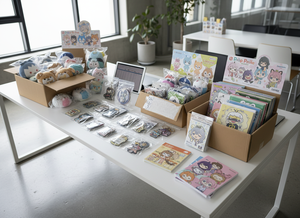 An immaculate white office desk in a bright, contemporary workspace, covered with sample character goods representing a wholesaler’s product lineup. There are open cardboard shipping cartons filled with neatly packed plush toys, clear polybags of keychains, stacks of colorful character notebooks, and folded display POP panels printed with vivid illustrations. Diffused daylight from a large unseen window washes the scene in soft, neutral light, minimizing harsh shadows and enhancing product colors. The camera captures the desk from a slightly elevated angle with sharp focus throughout, giving a transparent, behind-the-scenes look at the planning process. The mood is efficient and trustworthy, with clean photographic realism emphasizing the professional scale of a character goods trading company.