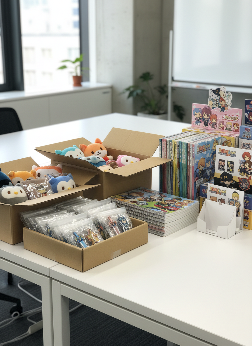 An immaculate white office desk in a bright, contemporary workspace, covered with sample character goods representing a wholesaler’s product lineup. There are open cardboard shipping cartons filled with neatly packed plush toys, clear polybags of keychains, stacks of colorful character notebooks, and folded display POP panels printed with vivid illustrations. Diffused daylight from a large unseen window washes the scene in soft, neutral light, minimizing harsh shadows and enhancing product colors. The camera captures the desk from a slightly elevated angle with sharp focus throughout, giving a transparent, behind-the-scenes look at the planning process. The mood is efficient and trustworthy, with clean photographic realism emphasizing the professional scale of a character goods trading company.